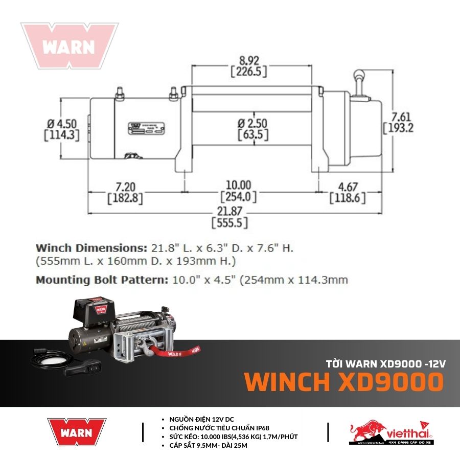 Tời Warn XD9000 -12V (sức kéo 4.1 tấn) – 28500 WINCH XD9000