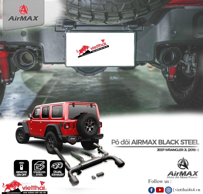 ỐNG XẢ ĐÔI AIRMAX BLACK STEEL – ĐIỀU CHỈNH 2 CHẾ ĐỘ DÀNH CHO JEEP WRANGLER JL