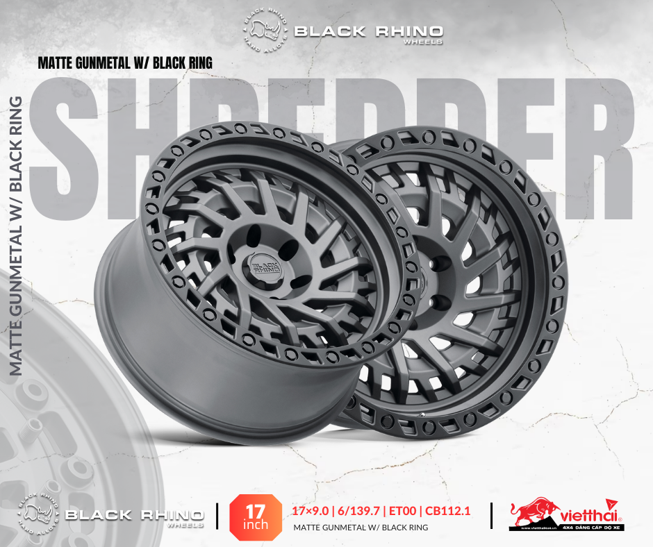 Mâm Black Rhino Shredder RF™ 17×9.0 | 6/139.7 | ET00 | CB112.1 (Màu Đen mờ)