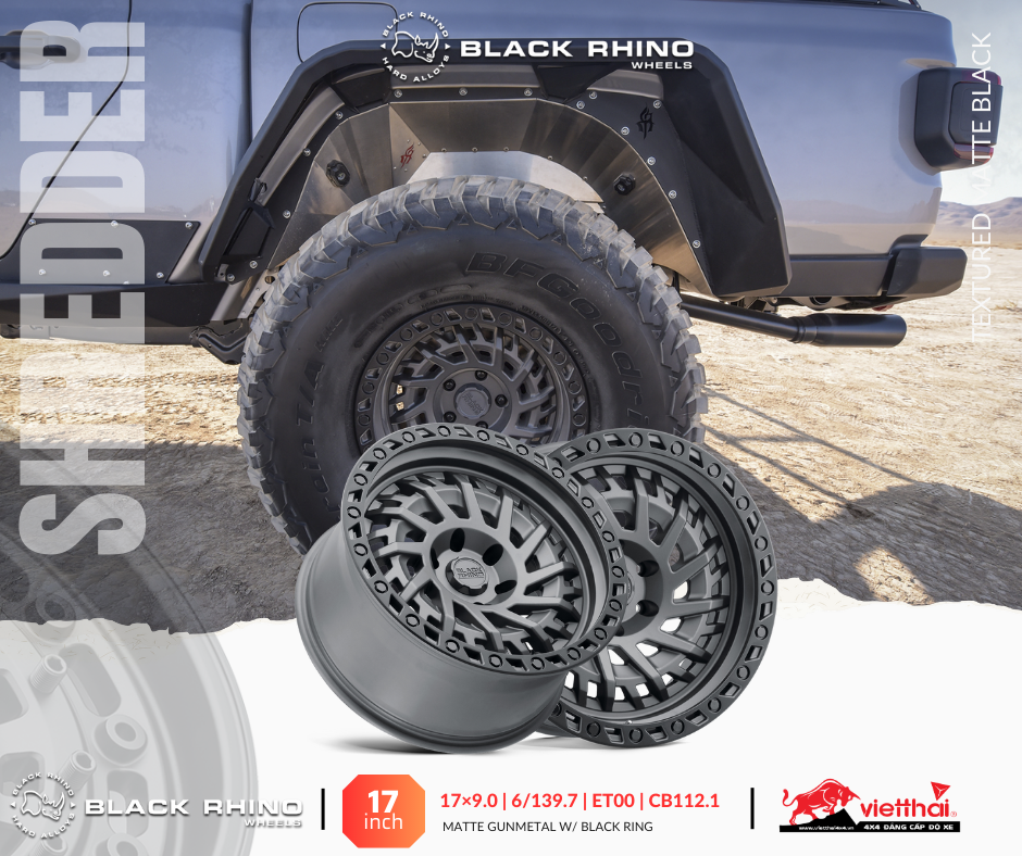 Mâm Black Rhino Shredder RF™ 17×9.0 | 6/139.7 | ET00 | CB112.1 (Màu Đen mờ)