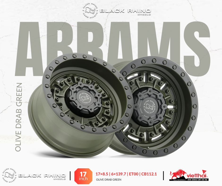 Mâm Black Rhino Abrams 17×8.5 | 6×139.7 | ET00 | CB112.1 (Màu Xanh Olive)