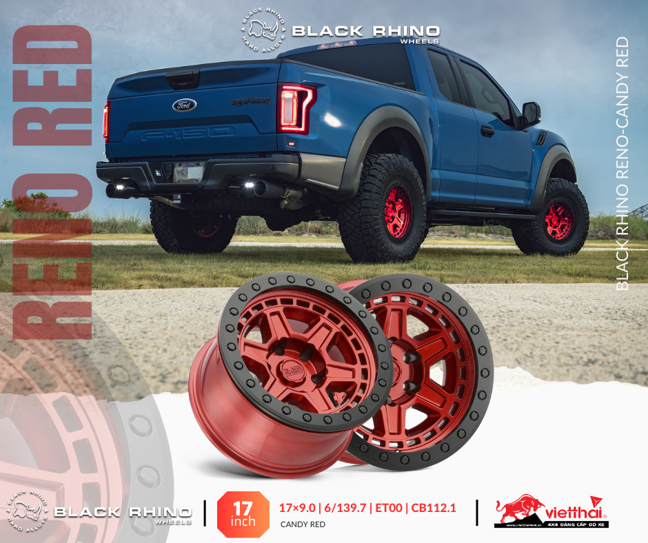 Mâm Black Rhino Reno 17×9.0 | 6/139.7 | ET00 | CB112.1 (Màu Đỏ Candy)