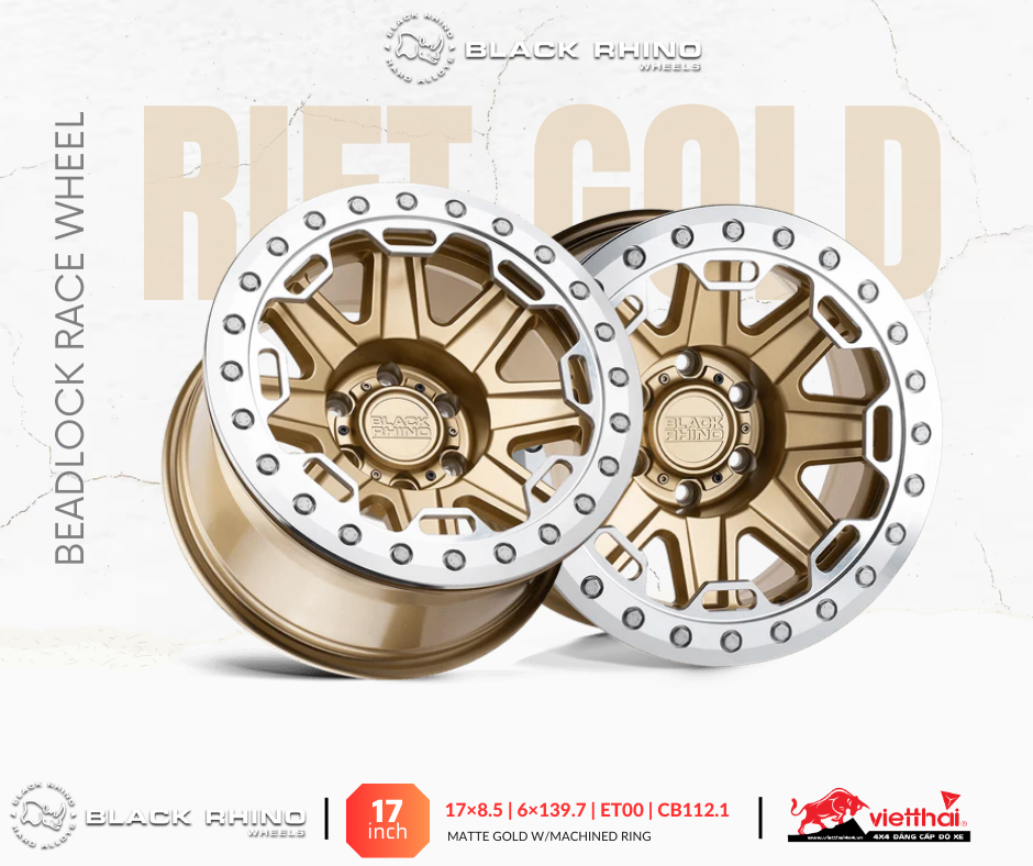 Mâm Black Rhino Rift Beadlock 17×8.5 | 6×139.7 | ET00 | CB112.1 (Màu Vàng viền Ghi)