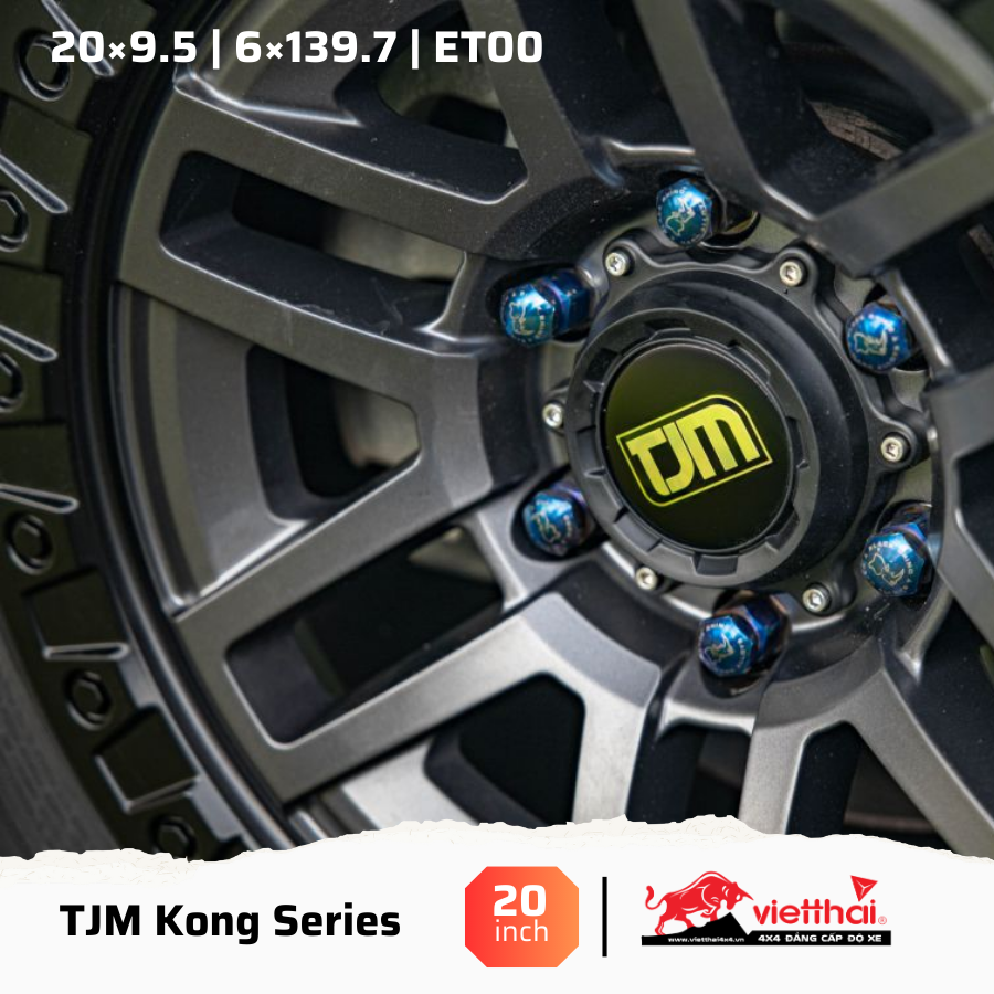 Mâm TJM Kong Series 20×9.5 | 6×139.7 | ET00 | Màu Đen – Viền Ốc trắng