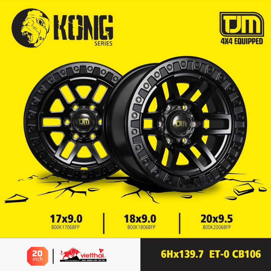 Mâm TJM Kong Series 20×9.5 | 6×139.7 | ET00 | Màu Đen – Viền Ốc trắng