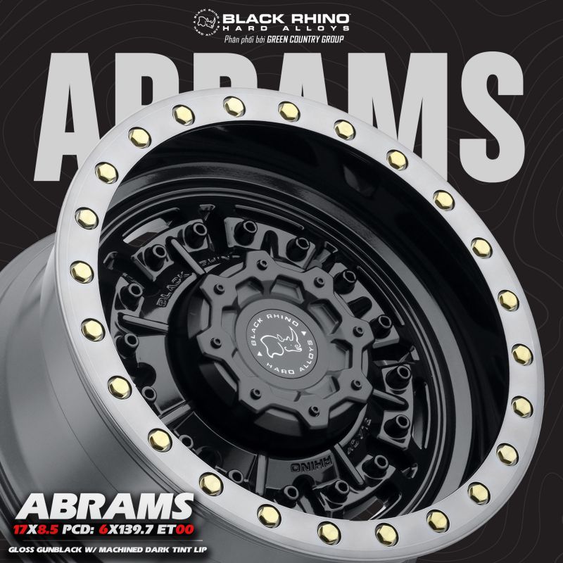 MÂM BLACK RHINO ABRAMS 17×8.5 | 6×139.7 | ET00 | CB112.1 (MÀU ĐEN BÓNG VIỀN GHI)