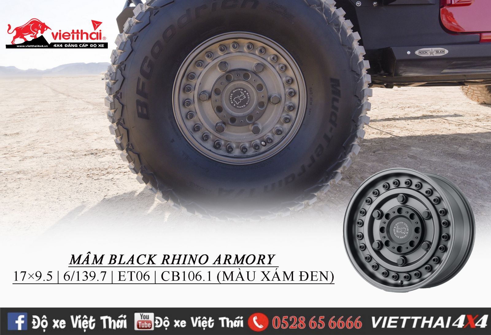 MÂM BLACK RHINO ARMORY 17×9.5 | 6/139.7 | ET06 | CB106.1 (MÀU XÁM ĐEN)