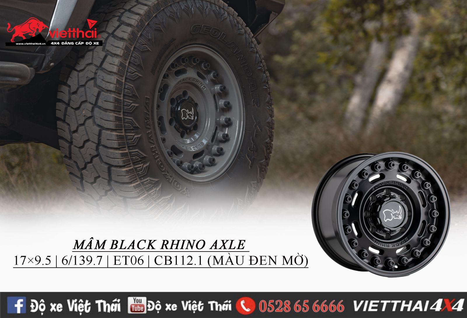 MÂM BLACK RHINO AXLE 17×9.5 | 6/139.7 | ET06 | CB112.1 (MÀU ĐEN MỜ)